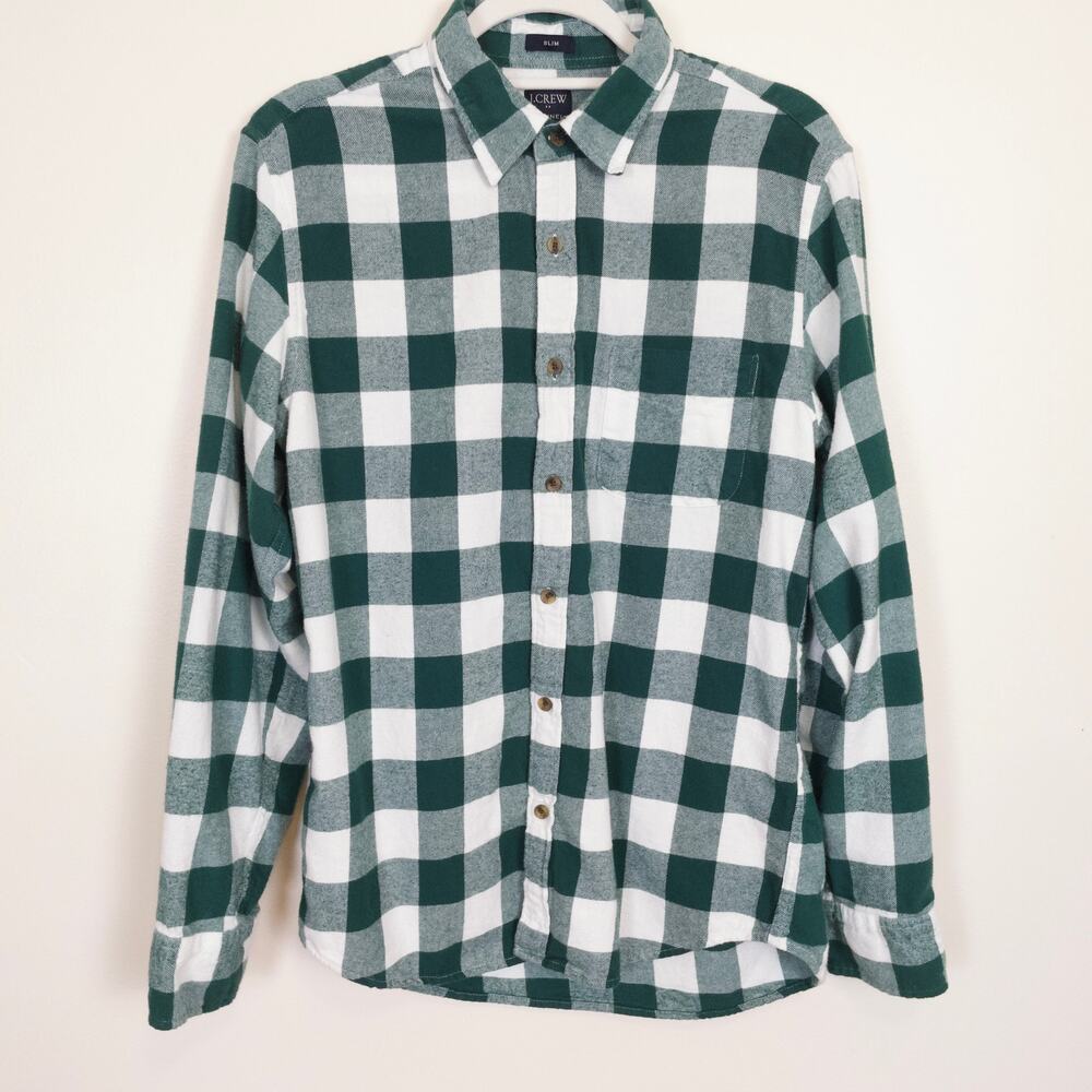 J Crew 100% Cotton Flannel Shirt Men's Medium Slim Fit Green & White Fall Staple